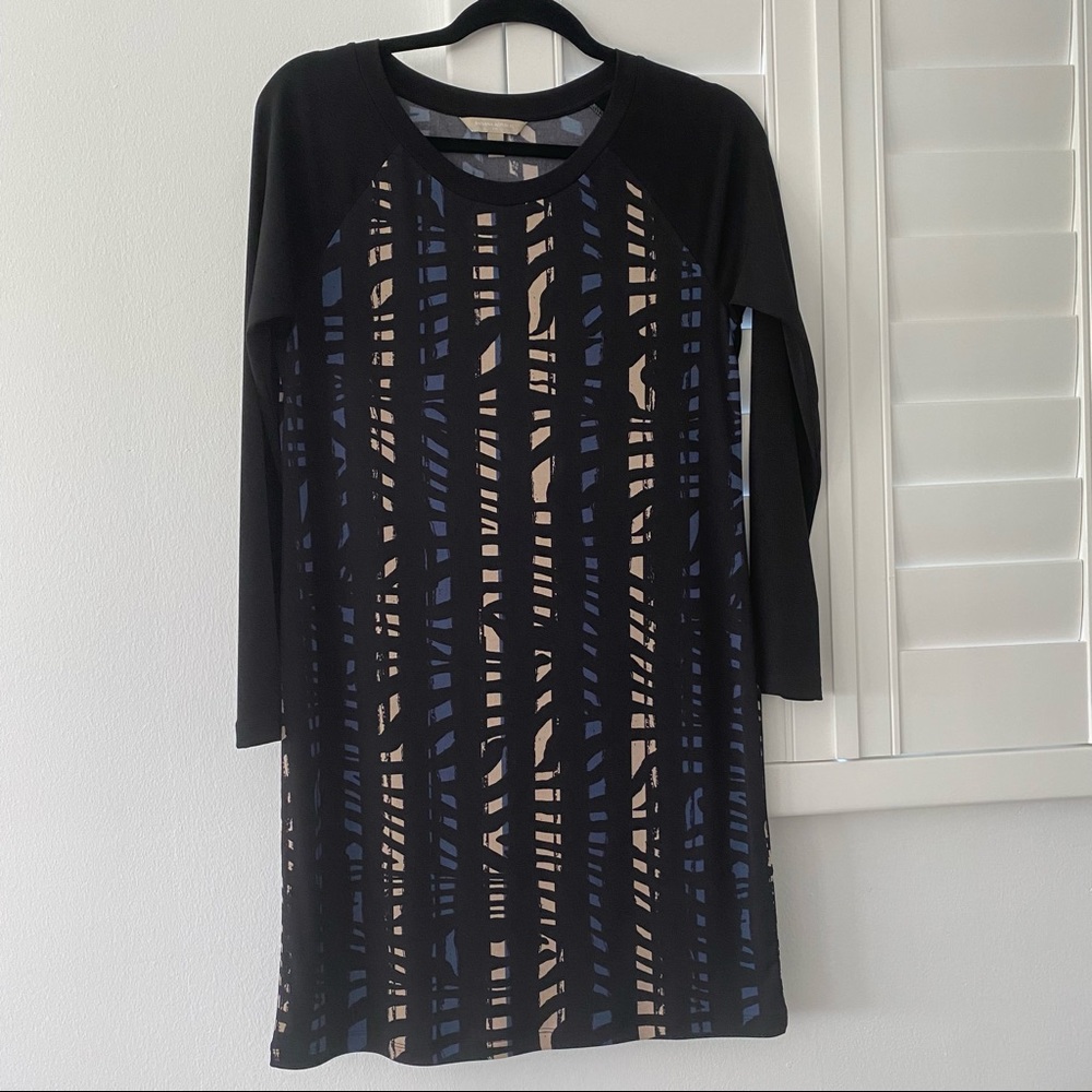 Banana Republic dress, black, patterns in blue and beige